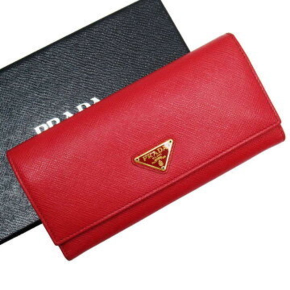 Prada Fold Long Wallet Triangle Red Saffiano Leather - Picture 1 of 3